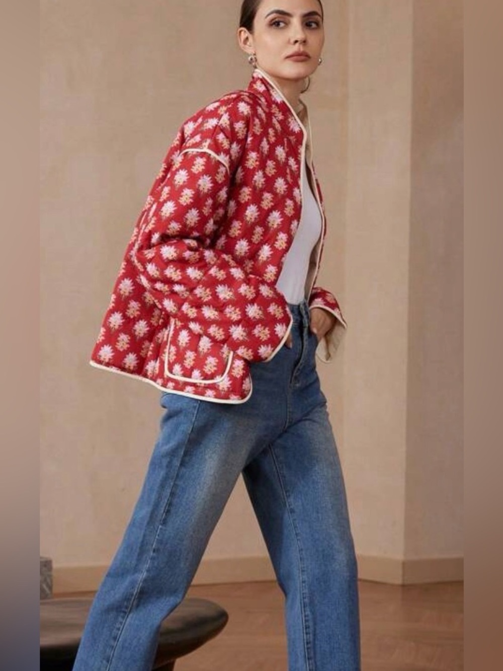 Red Floral Quilted Jacket - Women's Coat